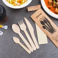 Besteckset (Holz FSC 100%) Messer-Gabel-Löffel-Kaffeelöffel+Serviette [50 Sets]