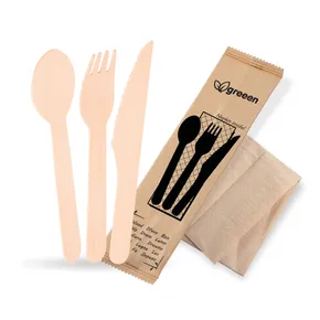Besteckset (Holz FSC 100%) Messer-Gabel-Löffel+Serviette [50 Sets]