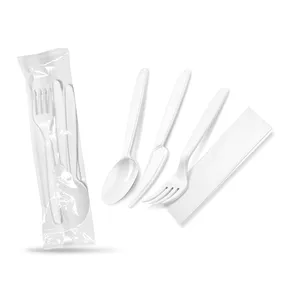 Besteckset (PP) wiederverwendbar Messer-Gabel-Löffel+Serviette weiß [250 Sets]