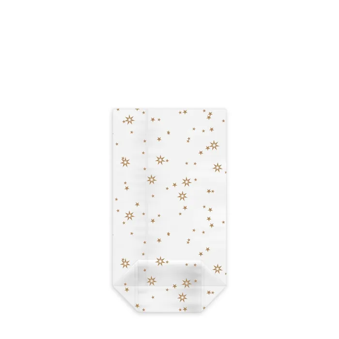 Hauptproduktbild Sáček čirý celofán (OPP) s křížovým dnem Hvězdy zlaté 9,5 x 16 + 4 cm [100 ks]
