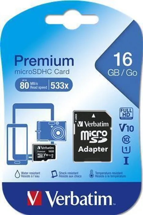 Hauptproduktbild SecureDigital SDHC 16GB micro paměťová karta , Class 10, s adaptérem, Verbatim