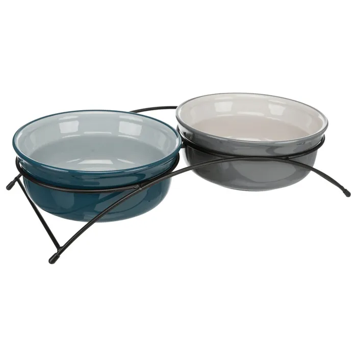 Hauptproduktbild Set keramických misek v kovovém stojánku, 2 × 0.25 l/o 13 cm, petrolejová/šedá