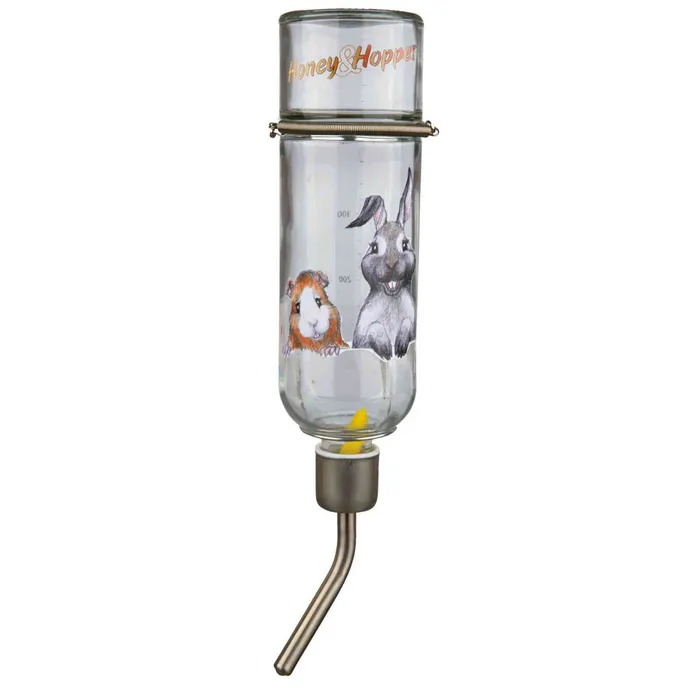 Hauptproduktbild Skleněná napáječka Honey & Hopper s kovovým pítkem pro činčily a králíky 500 ml