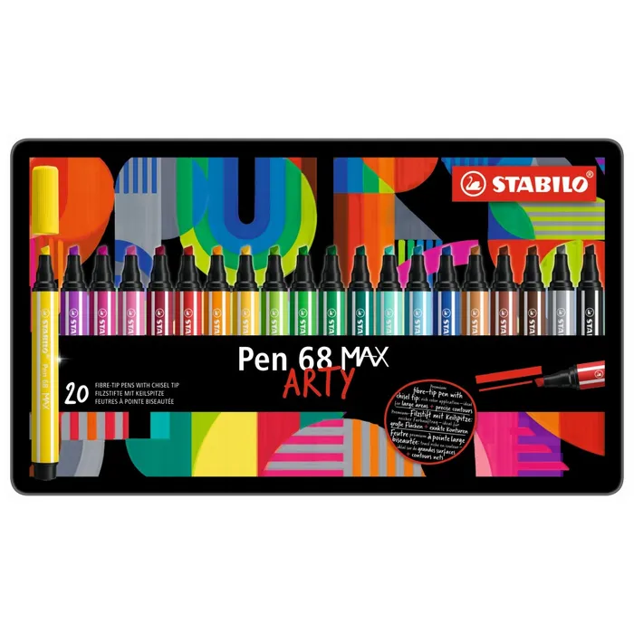 Hauptproduktbild STABILO Pen 68 MAX Vláknový fix s klínovým hrotem - sada 20 barev v plechu ARTY
