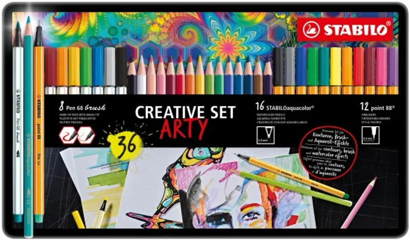 Hauptproduktbild STABILOaquacolor/pen 68 brush/point 88, 36 ks Sada v plechu "ARTY"