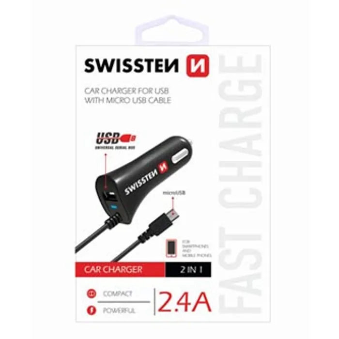 Hauptproduktbild SWISSTEN, micro USB auto nabíječka, 1x konektor + USB port 12V, 5V, 2400mA, nabíjení mobi