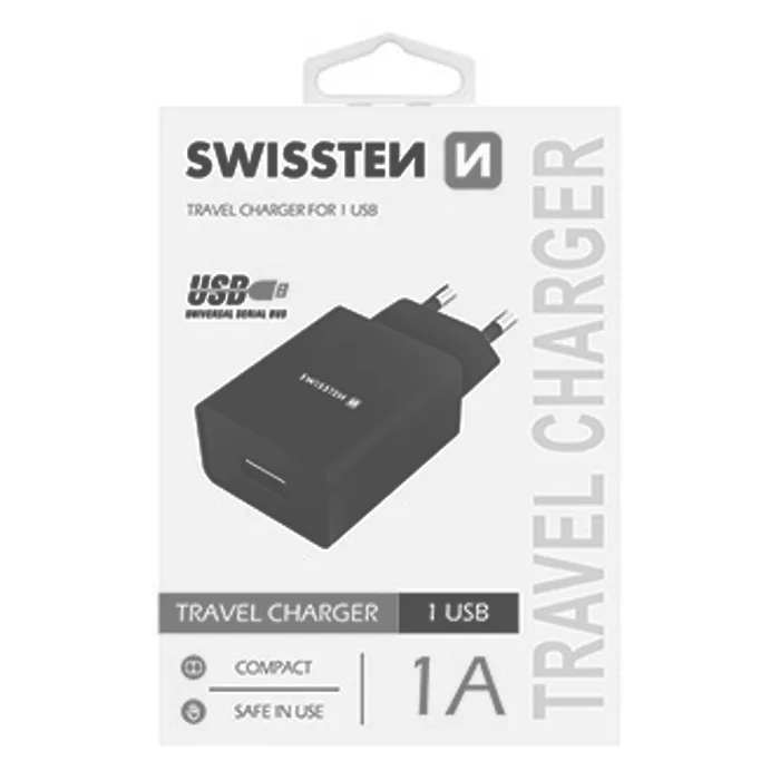 Hauptproduktbild SWISSTEN, Síťový adaptér, 100-240V, 5V, 1000mA, nabíjení mobilních telefonů aj., černý