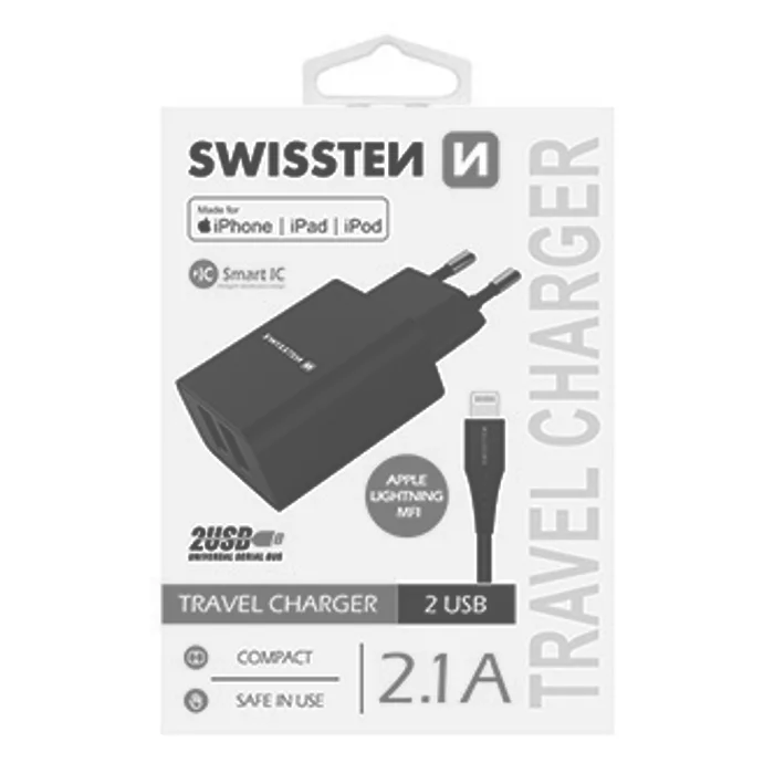 Hauptproduktbild SWISSTEN, Síťový adaptér, s Lightning kabelem (MFi certifikace), 100-240V, 5V, 2100mA, na