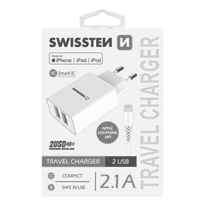 Hauptproduktbild SWISSTEN, Síťový adaptér, s Lightning kabelem (MFi certifikace), 100-240V, 5V, 2100mA, na