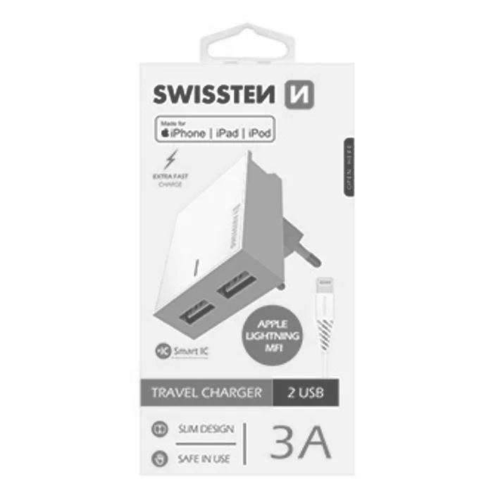 Hauptproduktbild SWISSTEN, Síťový adaptér, s Lightning kabelem (MFi certifikace), 100-240V, 5V, 3000mA, na