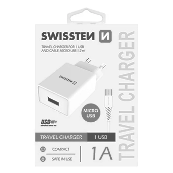 Hauptproduktbild SWISSTEN, Síťový adaptér, s microUSB kabelem, 100-240V, 5V, 1000mA, nabíjení mobilních te