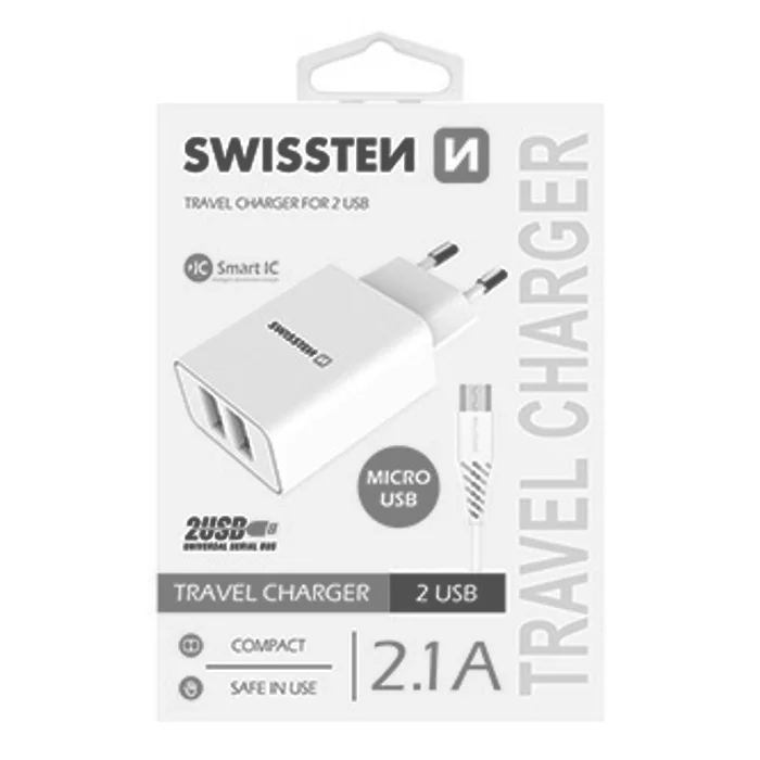 Hauptproduktbild SWISSTEN, Síťový adaptér, s microUSB kabelem, 100-240V, 5V, 2100mA, nabíjení mobilních te