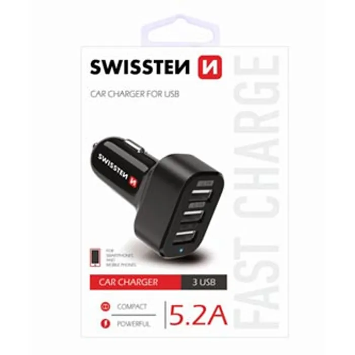 Hauptproduktbild SWISSTEN, USB auto nabíječka, 3x USB port, 12V, 5V, 5200mA, nabíjení mobilních telefonů a