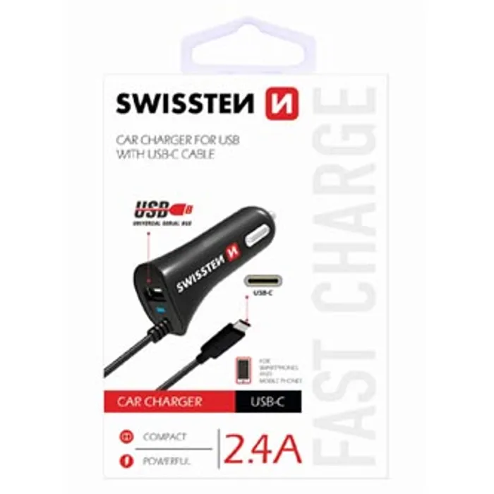Hauptproduktbild SWISSTEN, USB C- auto nabíječka, 1x konektor (USB C)+ USB port 12V, 5V, 2400mA, nabíjení