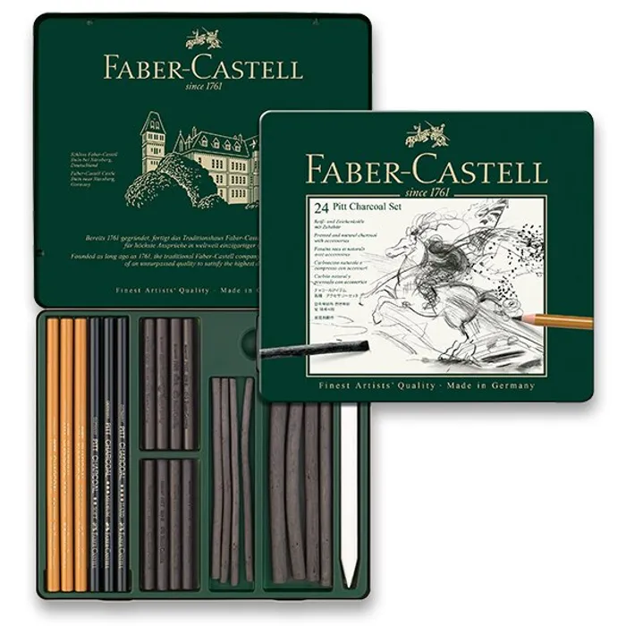 Hauptproduktbild Uhel Pitt Monochrome Charcoal specialní sada, plech. krabička 24ks Faber Castell 112978