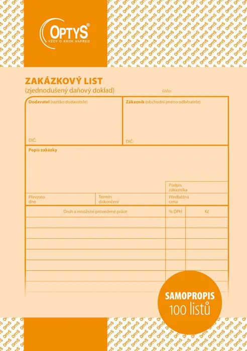 Hauptproduktbild Zakázkový list A5, samopropisovací, 100 listů 1085