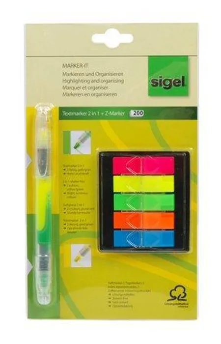 Hauptproduktbild Záložky, mix barev, fólie, 5 x 40 ks, + zvýrazňovač, SIGEL
