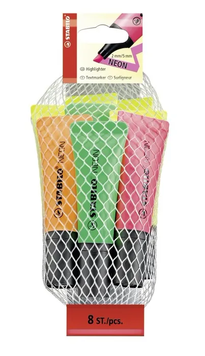 Hauptproduktbild Zvýrazňovač STABILO NEON - 8 ks sada - 4 x žlutá, 2 x zelená, 1 x oranžová, 1 x růžová