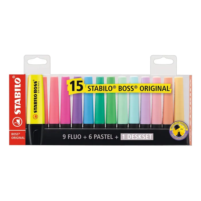 Hauptproduktbild Zvýrazňovače STABILO BOSS ORIGINAL 15 ks (9 neonových + 6 pastelových) – stolní stojan