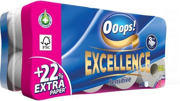 Papírenské zboží - Toaletní papír "Ooops! Excellence" , 3vrstvý, 16 rolí