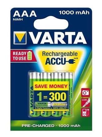 Papírenské zboží - Nabíjecí baterie, AAA (mikrotužková), 4x1000 mAh, VARTA "Professional Accu"