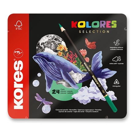 Papírenské zboží - Trojhranné pastelky Kores Kolores Selection plechová krabička, 24 barev