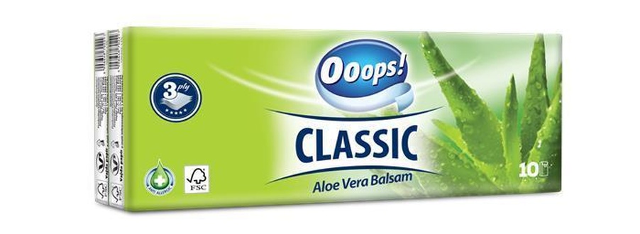 Papírenské zboží - Kapesníky, 3-vrstvé, 10x10ks, "Ooops! Classic", aloe vera