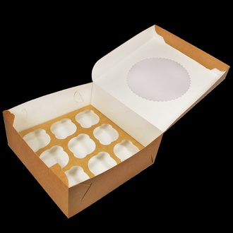 Papírenské zboží - Papírová krabička EKO na muffiny 250x250x100 mm hnědá s okénkem [25 ks]