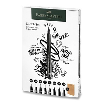 Papírenské zboží - Popisovače a skicář Faber-Castell Pitt Artist Pen sada 8+1 ks, různé hroty, černý