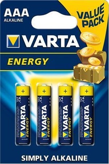 Papírenské zboží - Baterie, AAA (mikrotužková), 4 ks v balení, VARTA  "Energy"