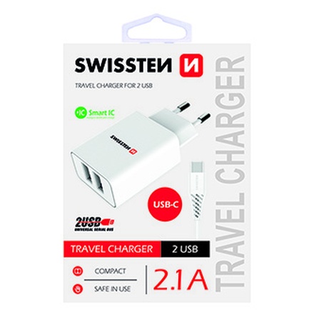 Papírenské zboží - SWISSTEN, Síťový adaptér, s USB-C kabelem, 100-240V, 5V, 2100mA, nabíjení mobilních telef