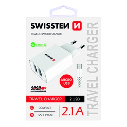 Papírenské zboží - SWISSTEN, Síťový adaptér, s microUSB kabelem, 100-240V, 5V, 2100mA, nabíjení mobilních te