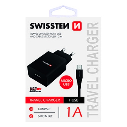 Papírenské zboží - SWISSTEN, Síťový adaptér, s microUSB kabelem, 100-240V, 5V, 1000mA, nabíjení mobilních te