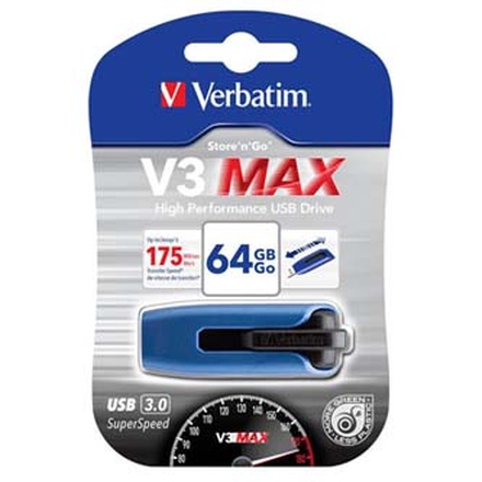 Papírenské zboží - Verbatim USB flash disk, USB 3.0 (3.2 Gen 1), 64GB, V3 MAX, Store N Go, modrý, 49807, USB