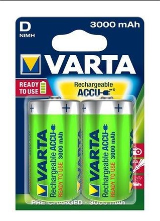 Papírenské zboží - Nabíjecí baterie, D (velký monočlánek), 2x3000 mAh, přednabité, VARTA "Power Accu"