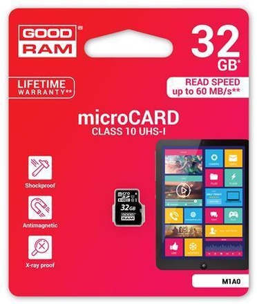 Papírenské zboží - Paměťová karta Micro SDHC, 32GB, Class 10, s adaptérem, GOODRAM