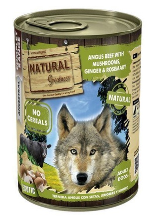Papírenské zboží - Natural Greatness anguské hovězí maso, houby, zázvor, rozmarýn konzerva pro psy 400 g