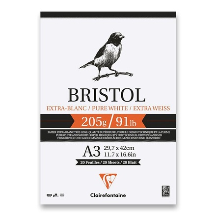 Papírenské zboží - Blok Clairefontaine Bristol A3, 20 listů, 205 g